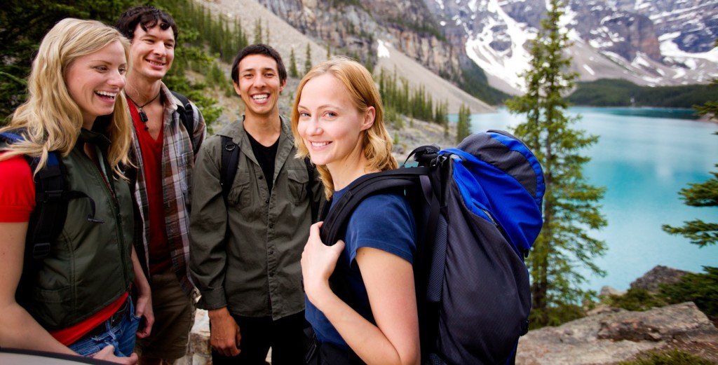 A group of friends on a hiking / camping trip in the mountains